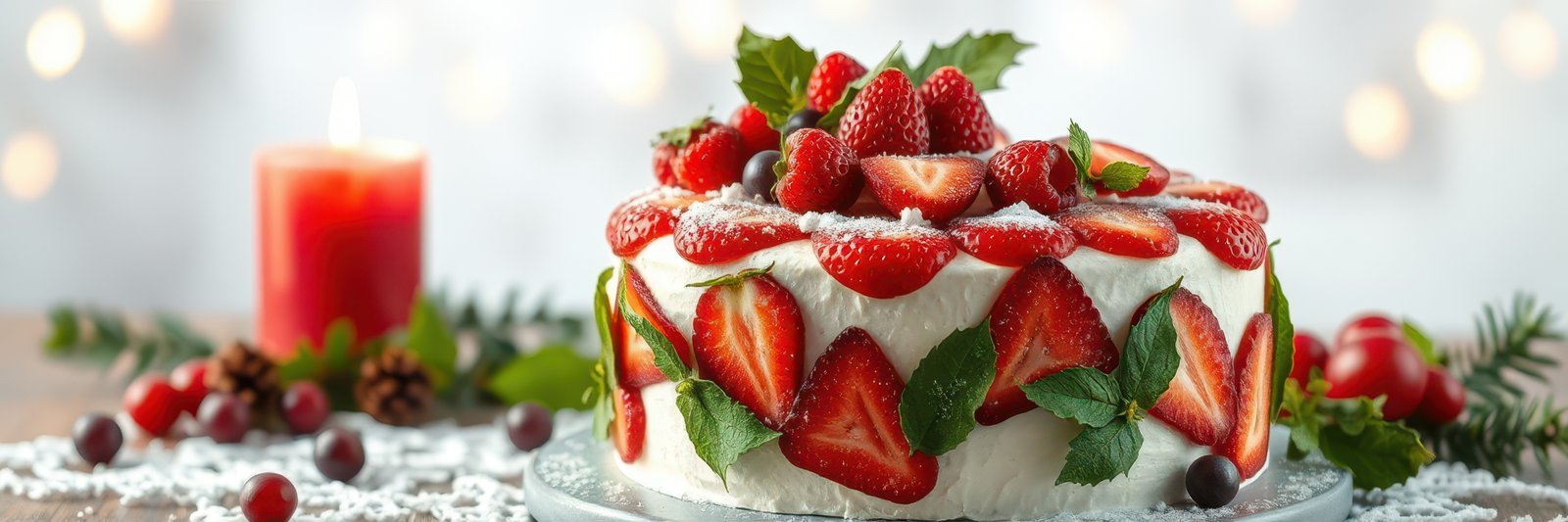 Beautiful festive strawberry cake with fresh berries and cream at a cozy holiday gathering